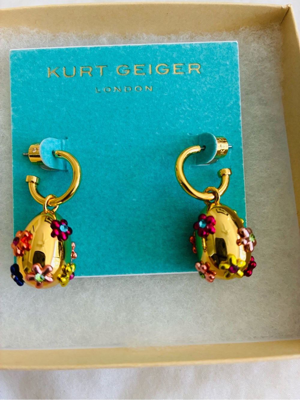 Kurt Geiger Gold Enamel Flower Drop Hoop Earrings